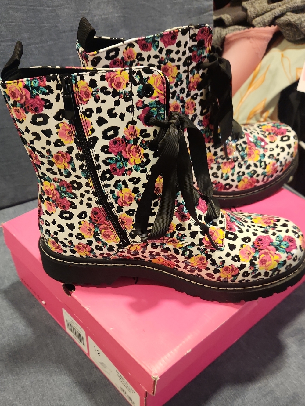 Like New Torrid/Betsey Johnson Leopard Rose Combat Boots - Picture 2 of 5